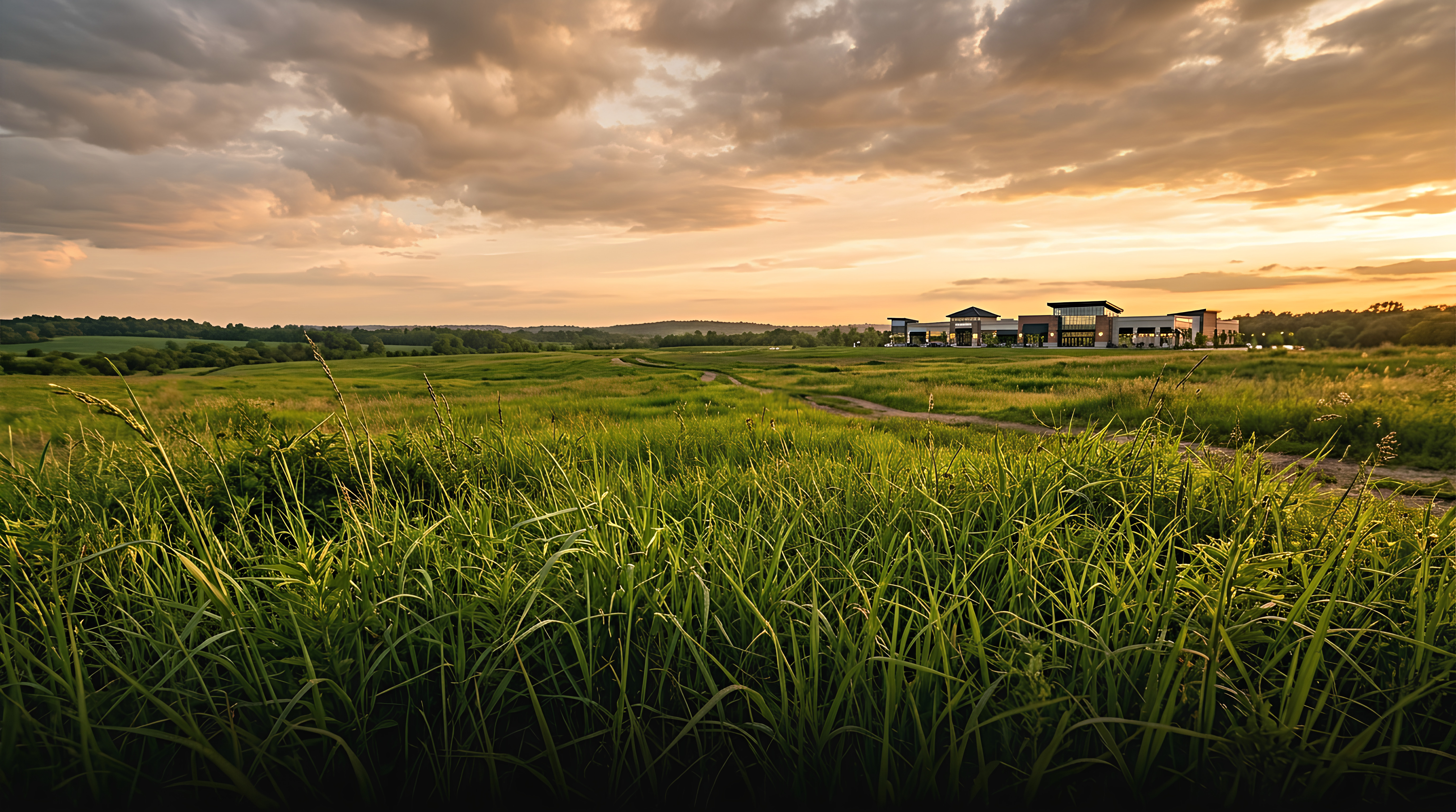 Expansive green land at golden hour with a modern building in the distance